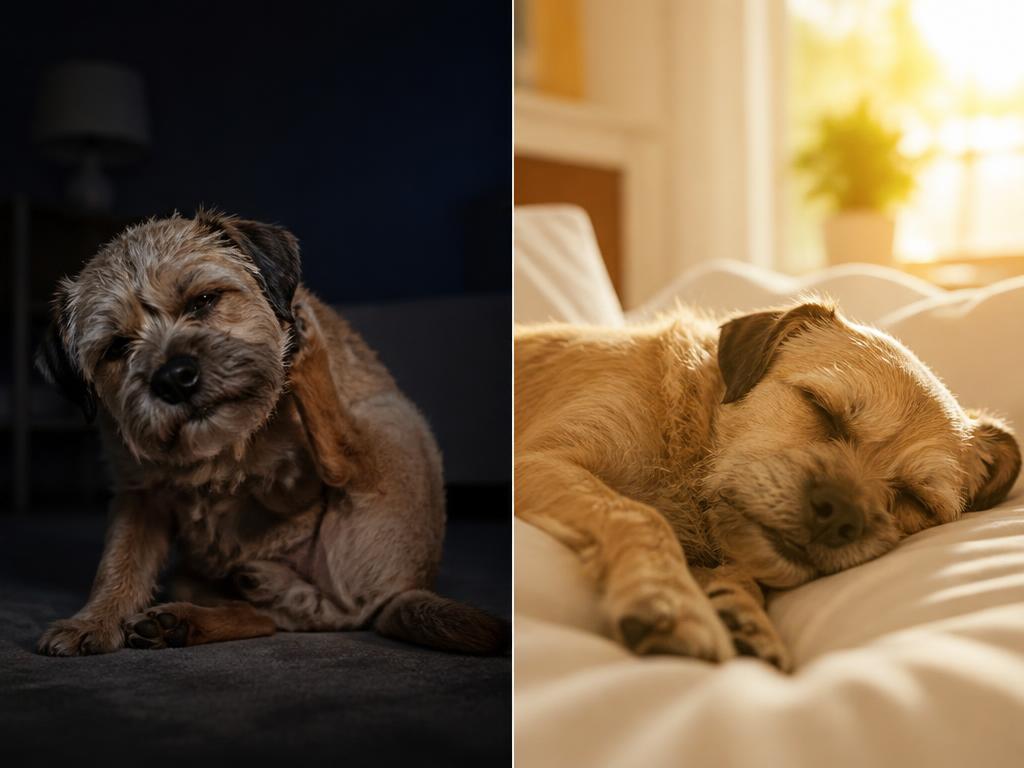 Antes e depois: cão dormindo em paz